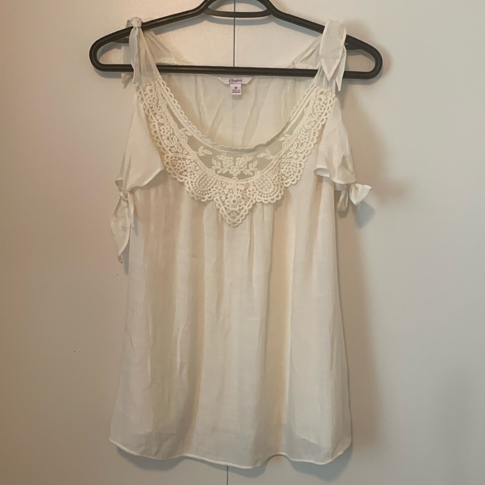 Candie’s 2 Tie Up Sleeve Sheer Cream Front Embroidered Blouse Size Medium